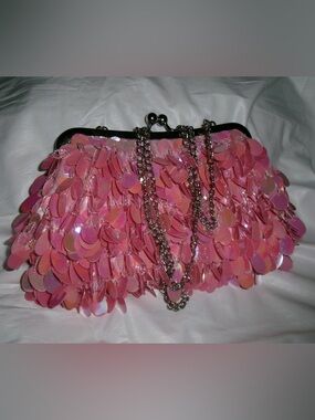 Pink Sequin Chain-Handle Evening Clutch